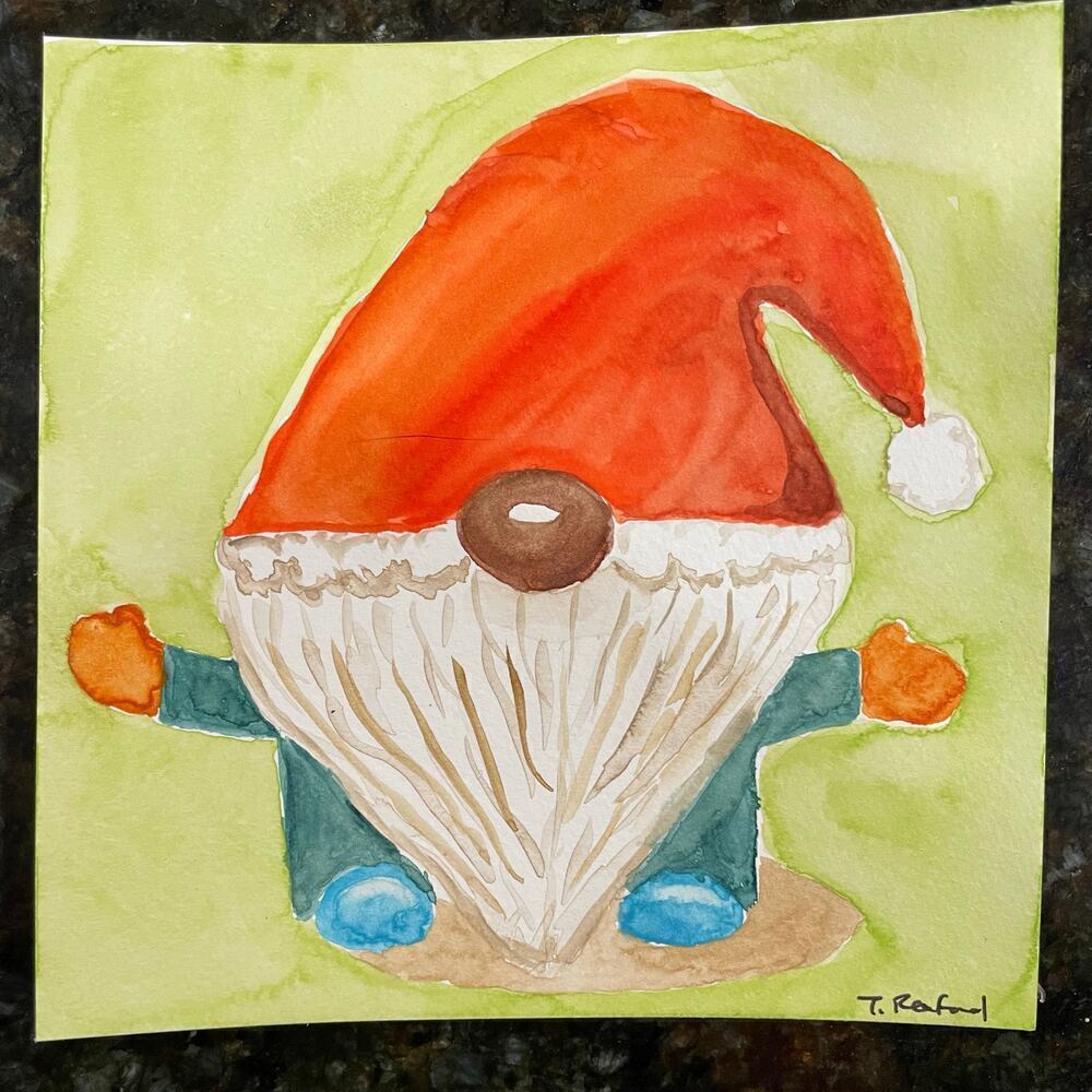 Hand painted watercolor original painting gnome 6x6”